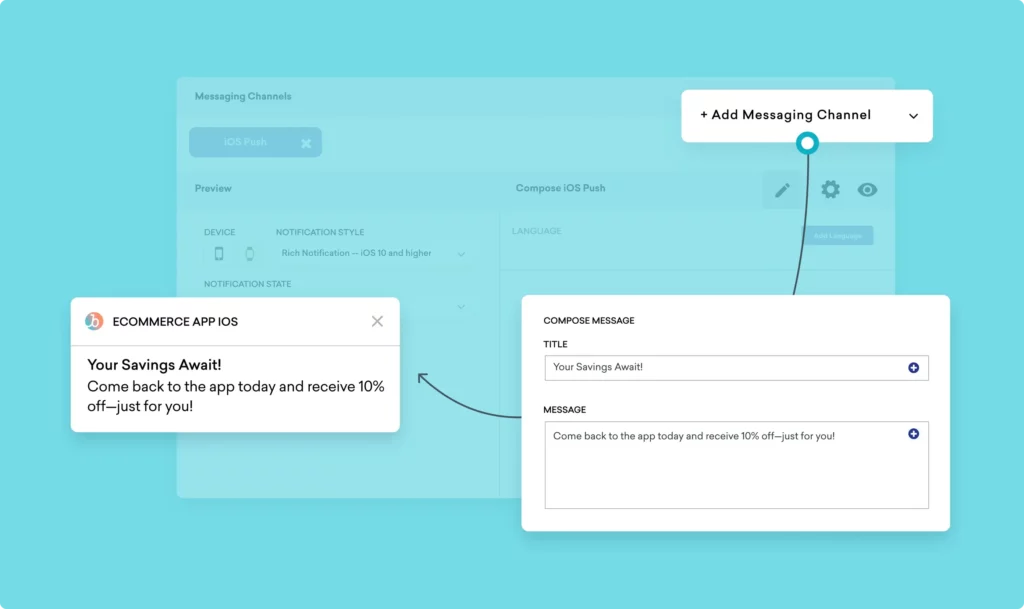 Braze's dashboard interface for managing messaging channels. There is a section titled "Messaging Channels" with an option to add a new messaging channel. A pop-up window labeled "ECOMMERCE APP IOS" displays a message preview: "Your Savings Await! Come back to the app today and receive 10% off&mdash;just for you!" Another section titled "COMPOSE MESSAGE" includes fields for the title and message, with the same content as the preview.