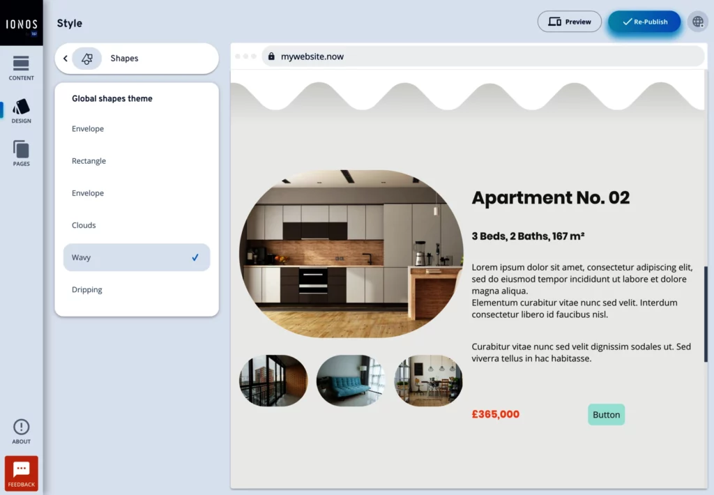 IONOS website builder interface showing the editing screen for a real estate listing. The listing is for 'Apartment No. 02' with details like '3 Beds, 2 Baths, 167 m&sup2;' and a price of '&euro;386,000.' The central panel displays placeholder text and images of the apartment's interior in circular frames. The left sidebar includes options for editing shapes, and the top right has buttons for previewing or publishing.