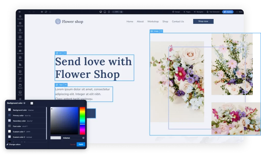 Sitejet dashboard displaying the page editor with text blocks, image placeholders, and an open settings panel for customizing the background color of the webpage.