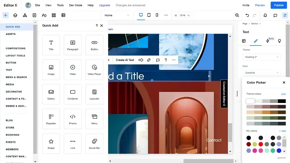 Wix website editor showing elements like text, images, and videos, that you can drag and drop on the page, alongside a sidebar menu with settings for page design and text formatting